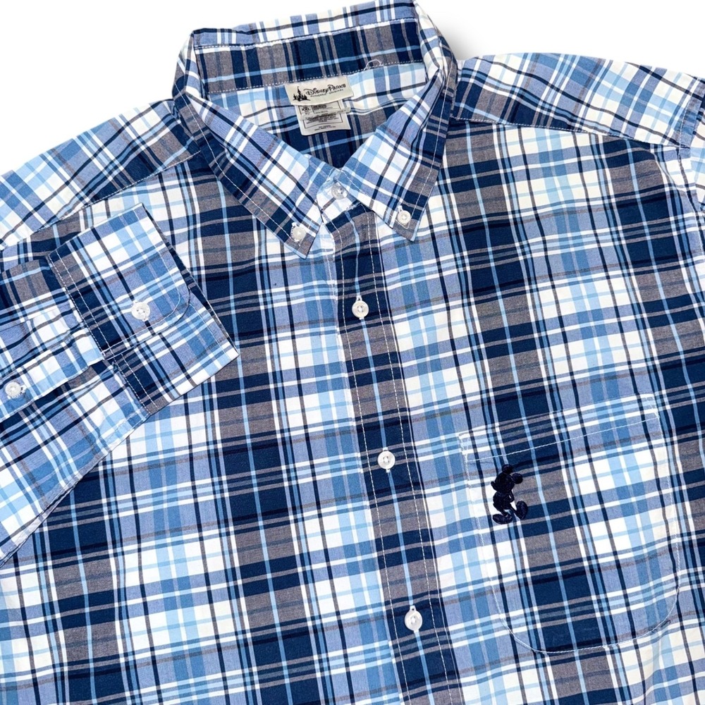 Disney Parks Mens XXL Plaid Button Down‎ Shirt Mickey Mouse Embroidered Blue